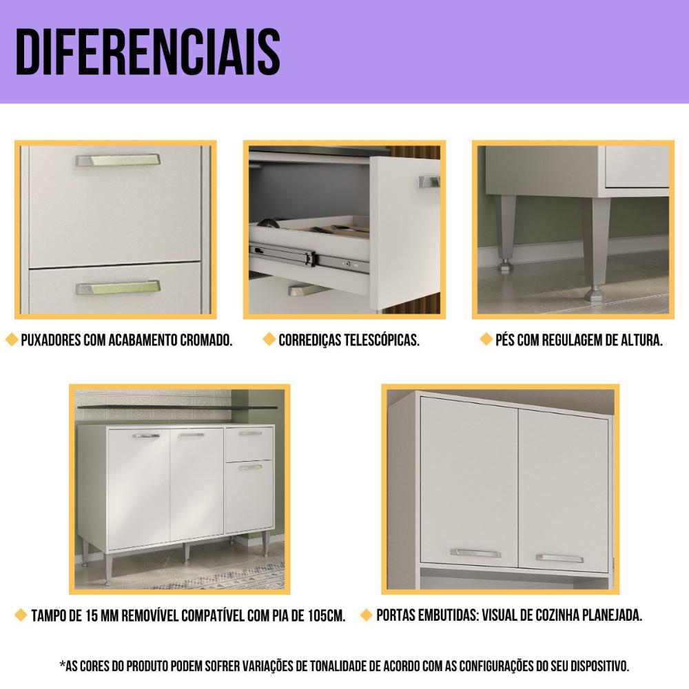 Armário de Cozinha Compacta com Balcão para Pia Siena Multimóveis MP2217 Branco/Lacca Fumê