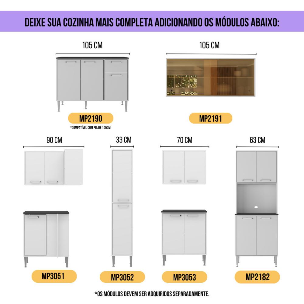 Armário de Cozinha Compacta com Balcão para Pia Siena Multimóveis MP2217 Branco/Lacca Fumê
