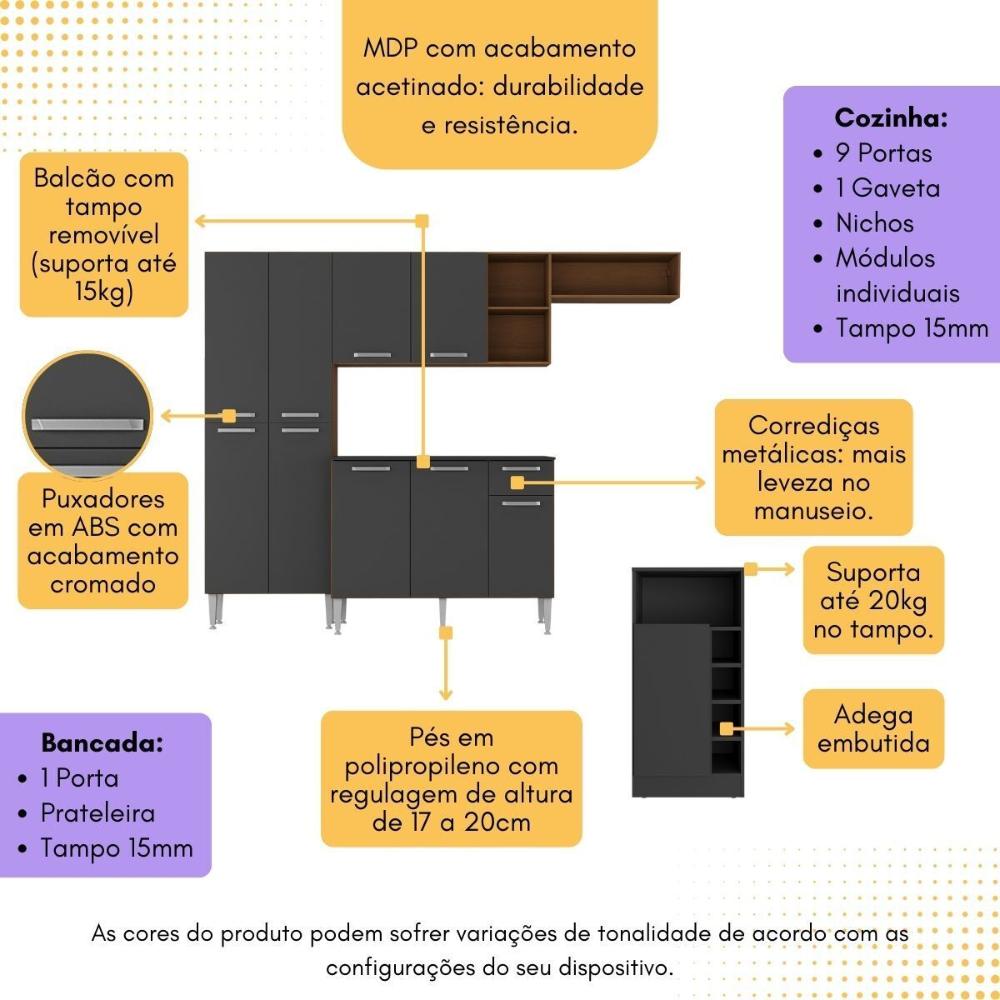 Armário de Cozinha Compacta com Bancada Americana Pequim Multimóveis MP2204 Carvalho Avelã/Preto