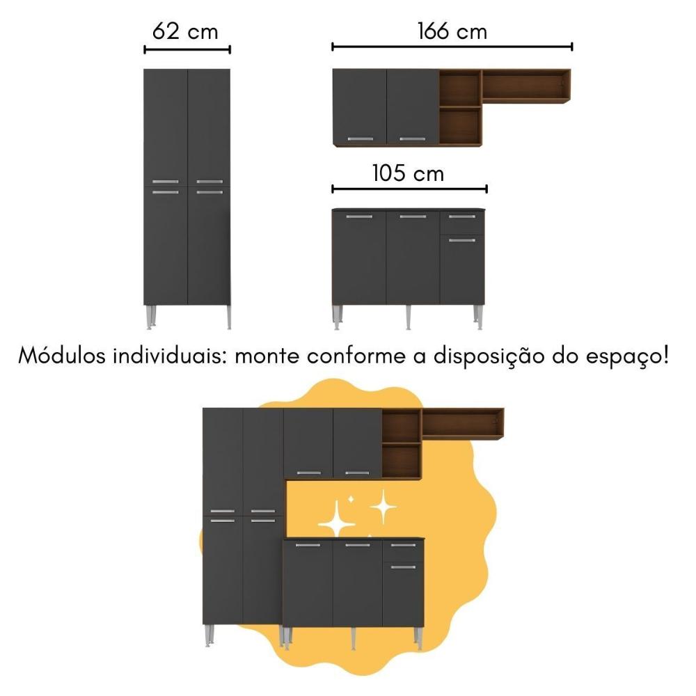 Armário de Cozinha Compacta com Bancada Americana Pequim Multimóveis MP2204 Carvalho Avelã/Preto