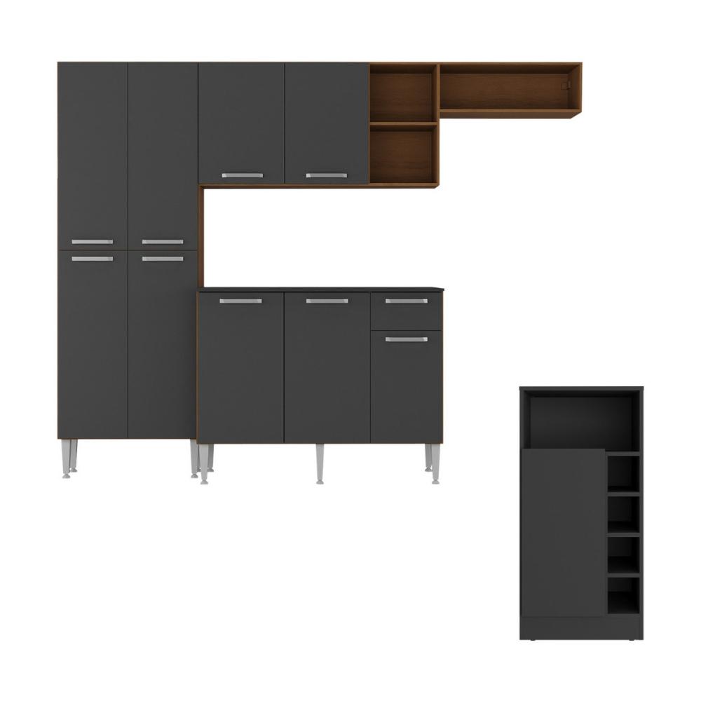 Armário de Cozinha Compacta com Bancada Americana Pequim Multimóveis MP2204 Carvalho Avelã/Preto