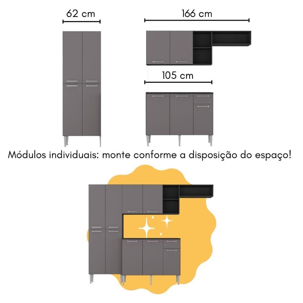 Armário de Cozinha Compacta com Bancada Americana Pequim Multimóveis MP2204 Preto/Lacca Fumê