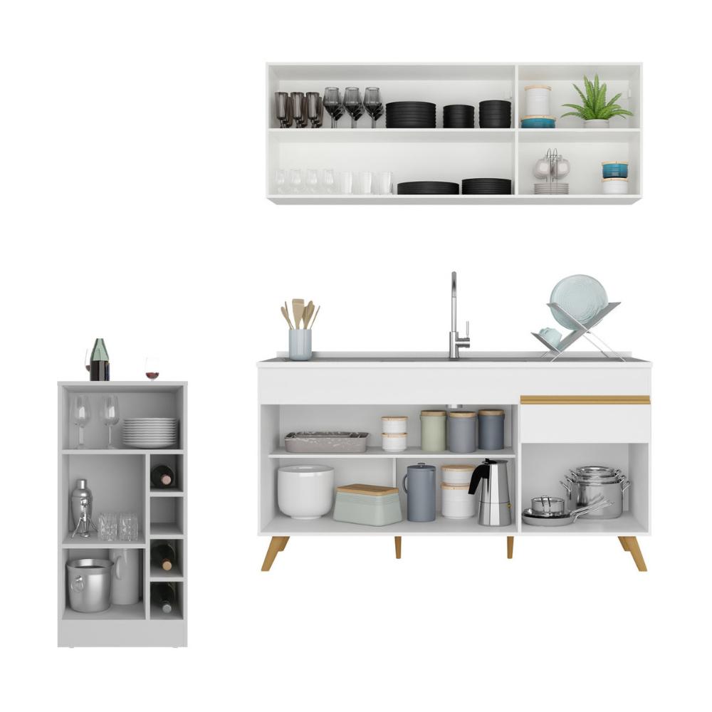 Armário de Cozinha Compacta com Bancada Americana Veneza Multimóveis MP2200 Branco/Dourado