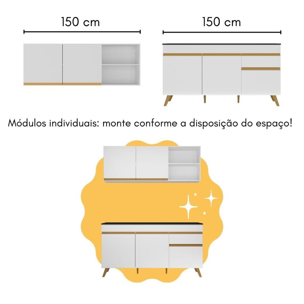 Armário de Cozinha Compacta com Bancada Americana Veneza Multimóveis MP2200 Branco/Dourado