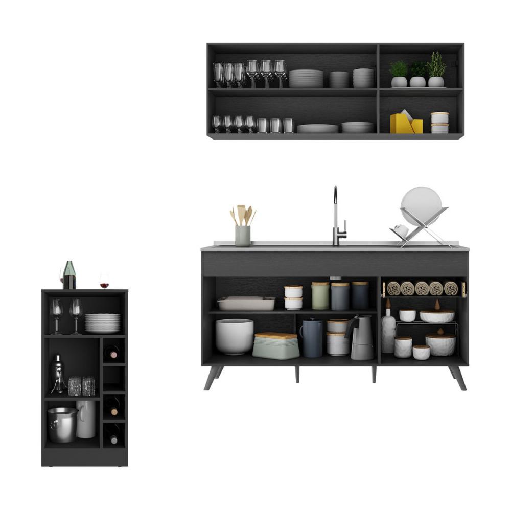 Armário de Cozinha Compacta com Bancada Americana Veneza Multimóveis MP2200 Preto