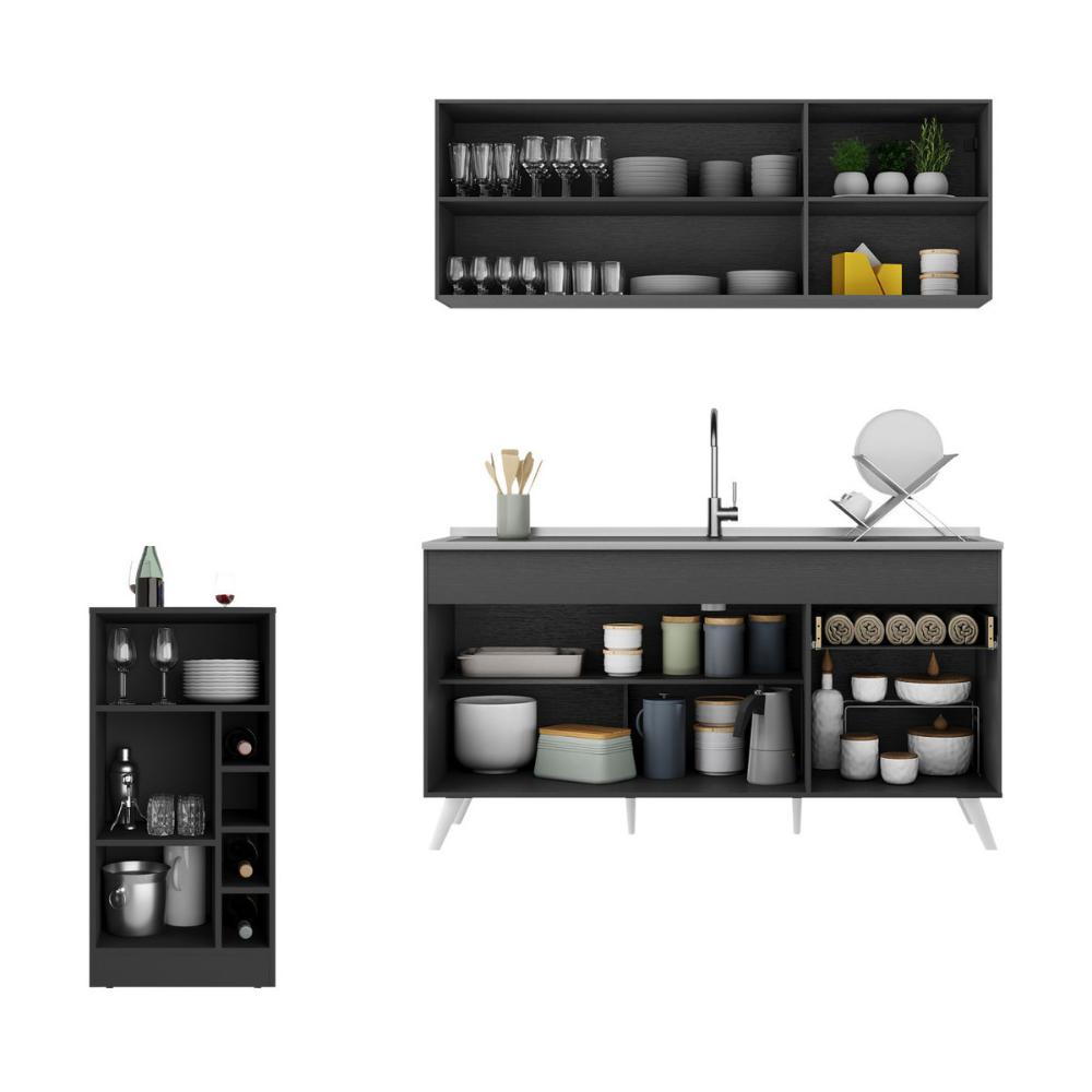 Armário de Cozinha Compacta com Bancada Americana Veneza Multimóveis MP2200 Preto/Branco