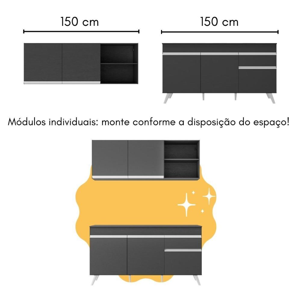 Armário de Cozinha Compacta com Bancada Americana Veneza Multimóveis MP2200 Preto/Branco