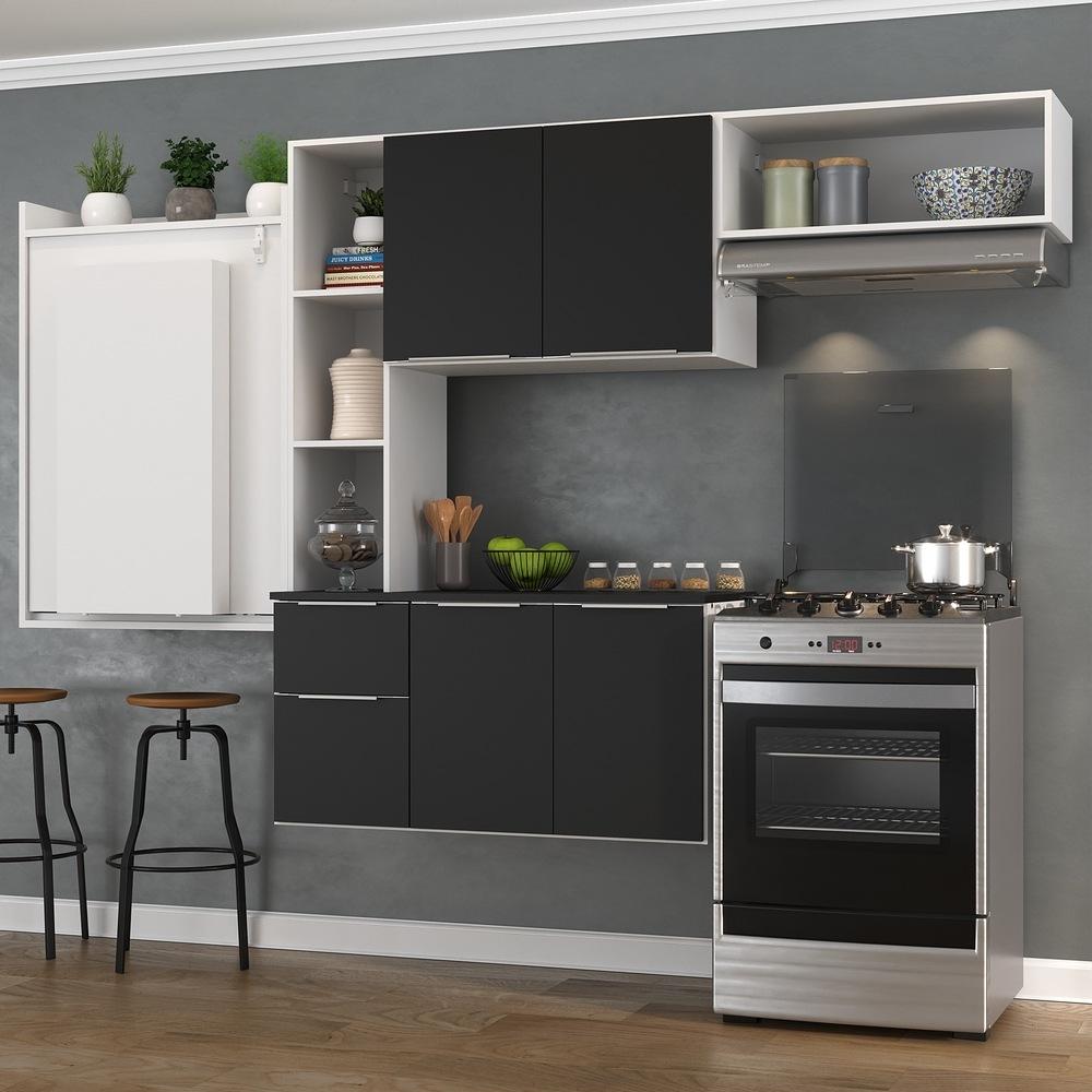 Armário de Cozinha Compacta com Mesa Dobrável Sofia Multimóveis V2007 Branco/Preto
