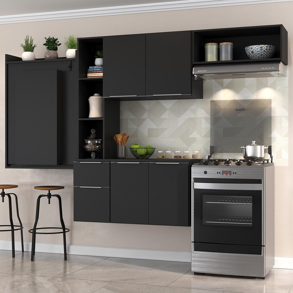 Armário de Cozinha Compacta com Mesa Dobrável Sofia Multimóveis V2007 Preto