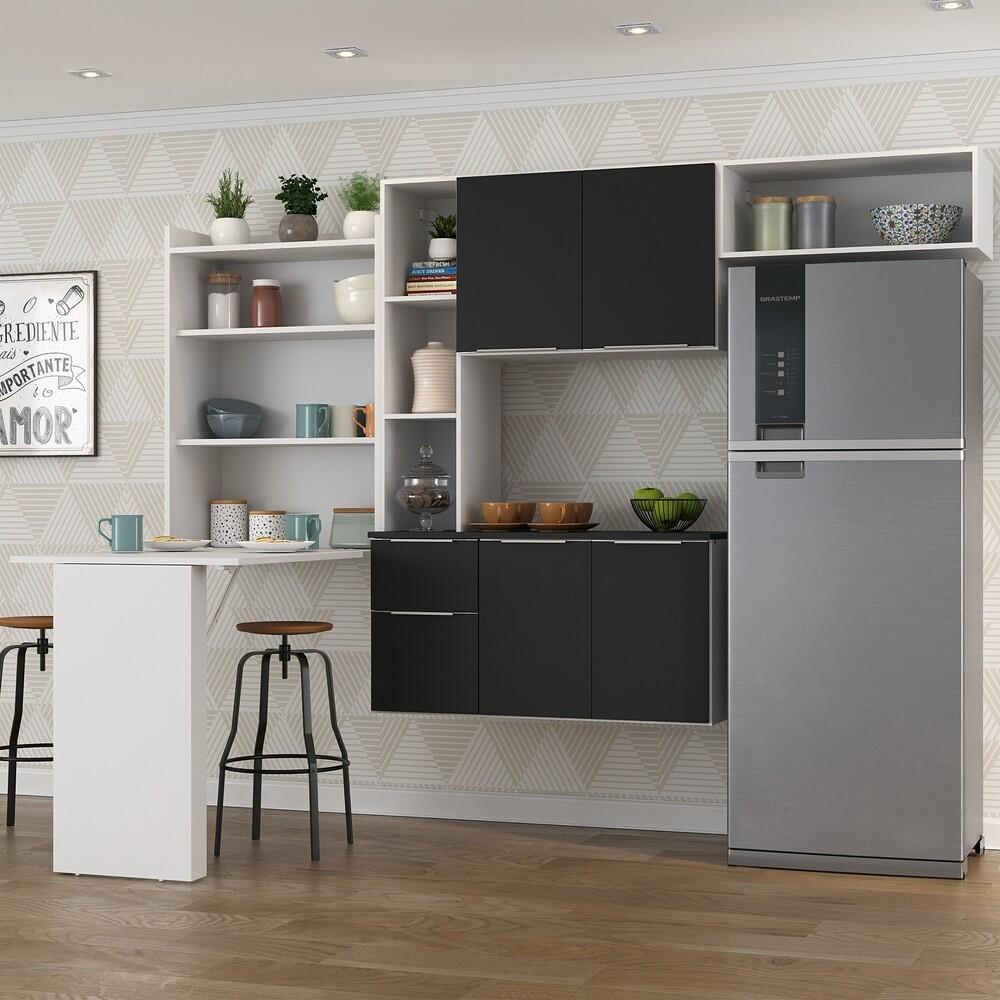Armário de Cozinha Compacta com Mesa Dobrável Sofia Multimóveis V2008 Branco/Preto
