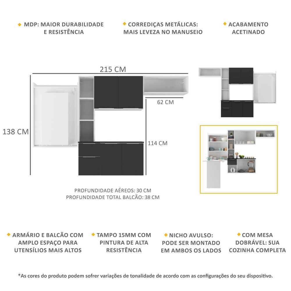 Armário de Cozinha Compacta com Mesa Dobrável Sofia Multimóveis V2008 Branco/Preto
