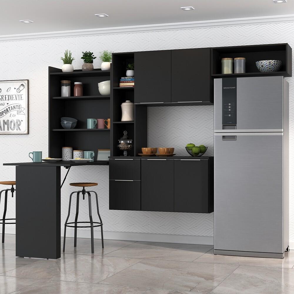 Armário de Cozinha Compacta com Mesa Dobrável Sofia Multimóveis V2008 Preto