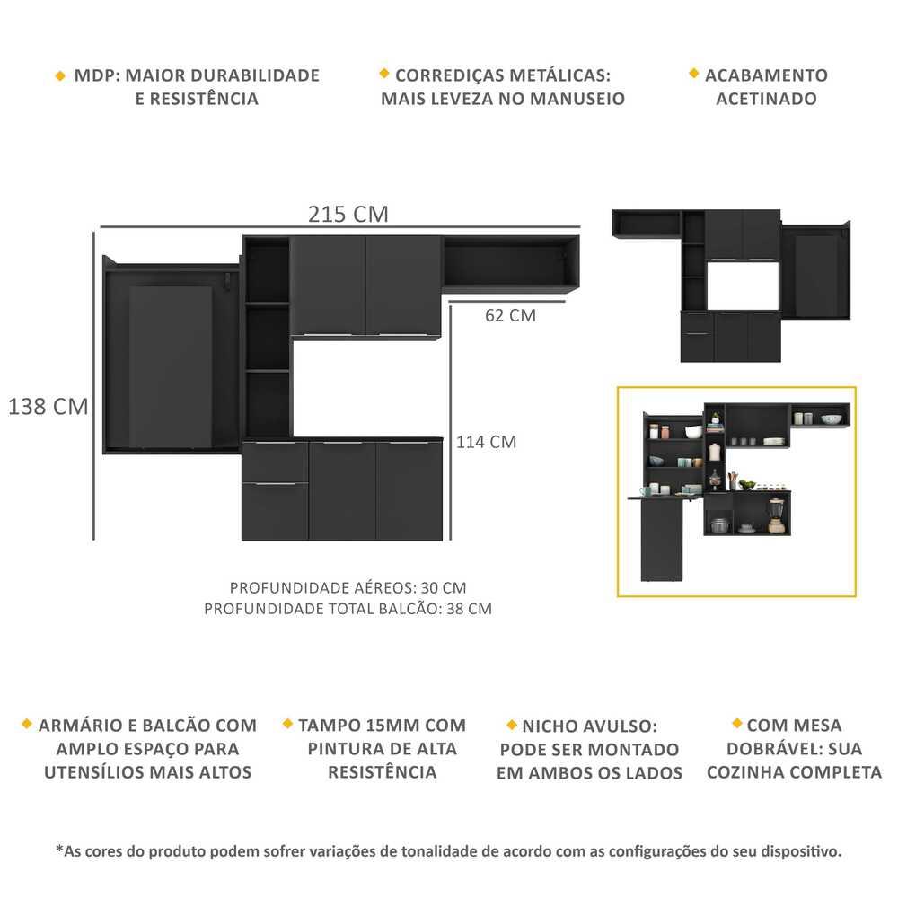 Armário de Cozinha Compacta com Mesa Dobrável Sofia Multimóveis V2008 Preto
