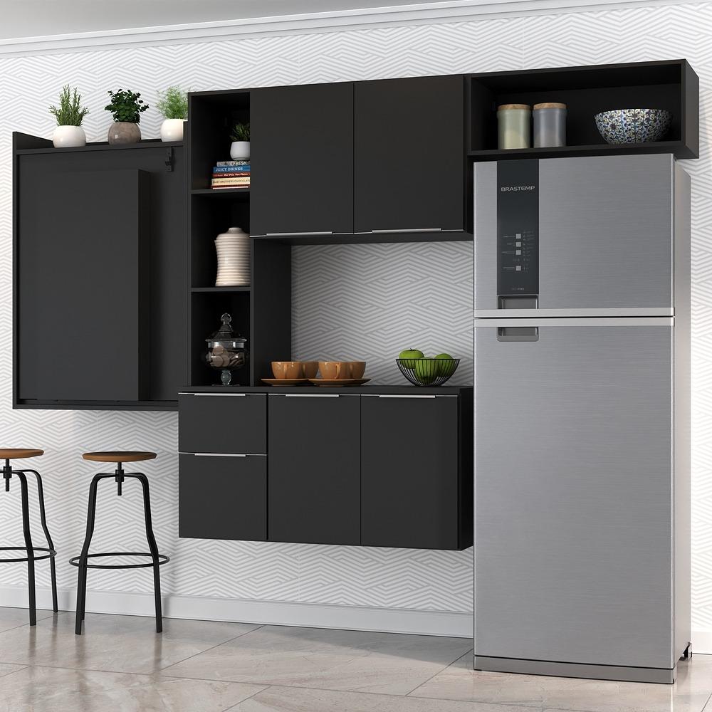 Armário de Cozinha Compacta com Mesa Dobrável Sofia Multimóveis V2008 Preto