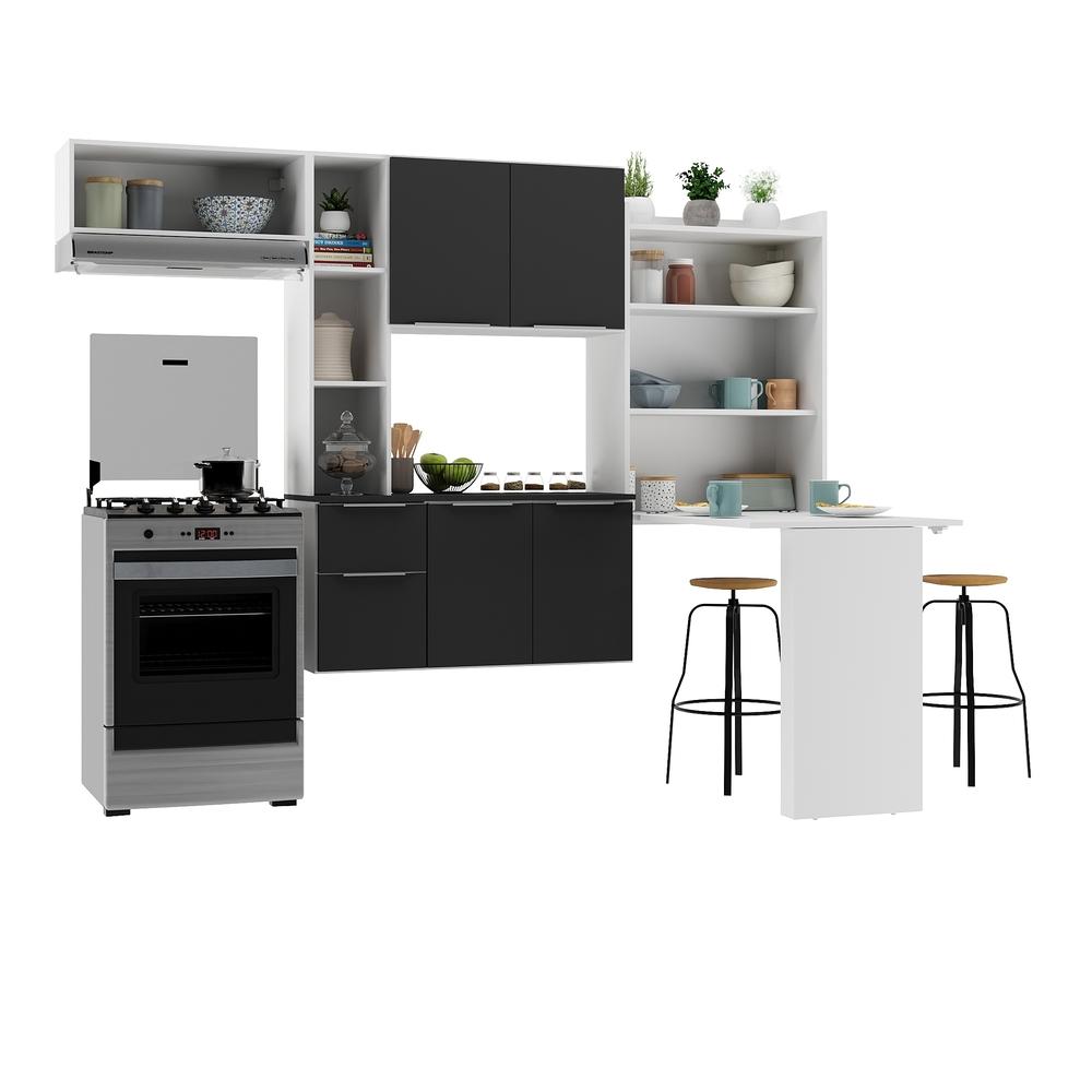 Armário de Cozinha Compacta com Mesa Dobrável Sofia Multimóveis V2009 Branco/Preto