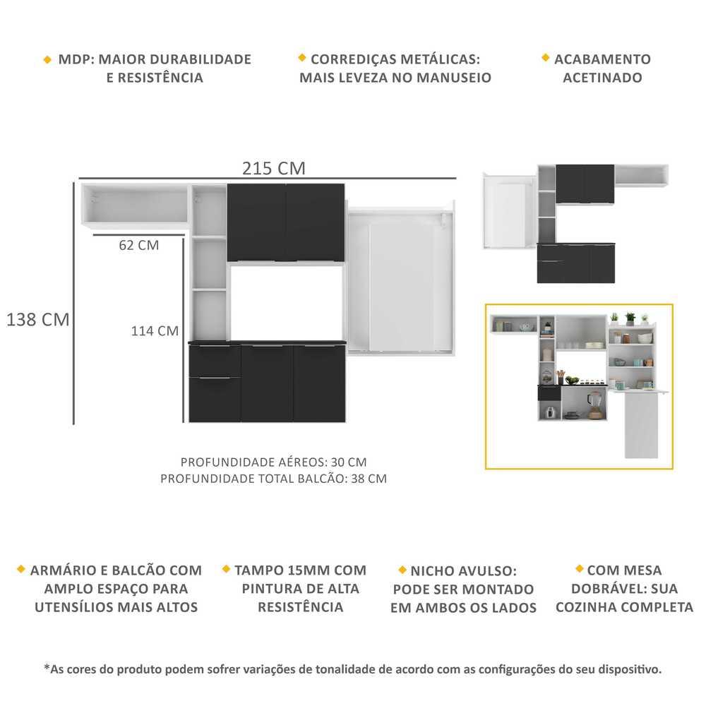 Armário de Cozinha Compacta com Mesa Dobrável Sofia Multimóveis V2009 Branco/Preto