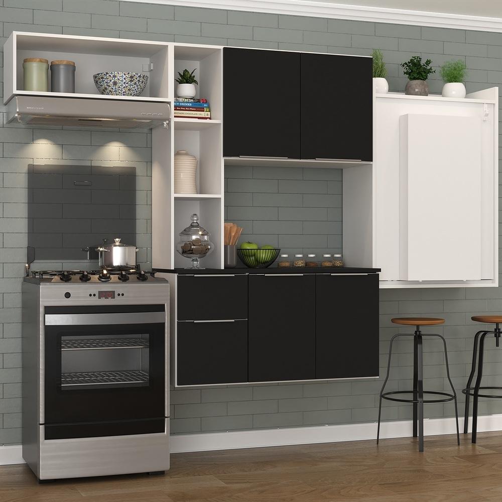 Armário de Cozinha Compacta com Mesa Dobrável Sofia Multimóveis V2009 Branco/Preto