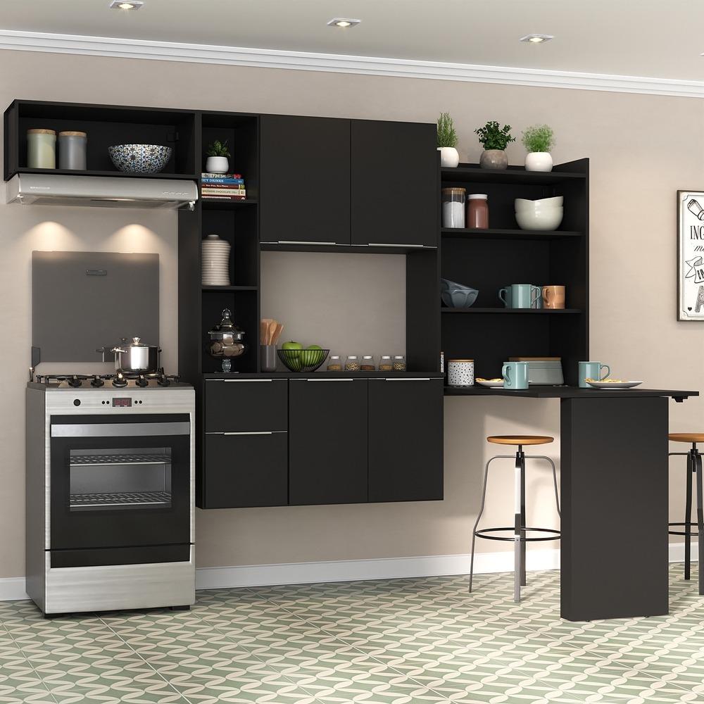 Armário de Cozinha Compacta com Mesa Dobrável Sofia Multimóveis V2009 Preto