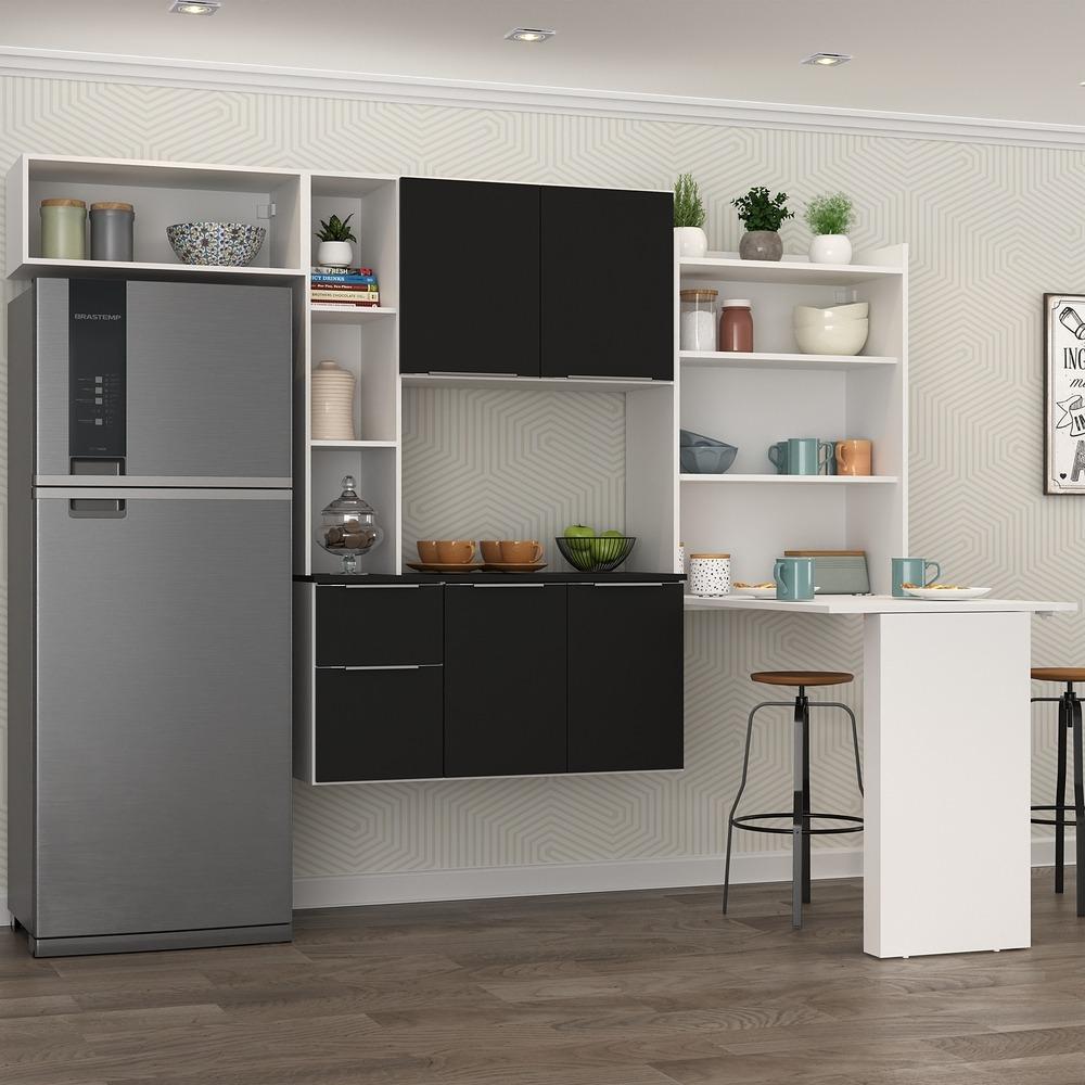 Armário de Cozinha Compacta com Mesa Dobrável Sofia Multimóveis V2010 Branco/Preto