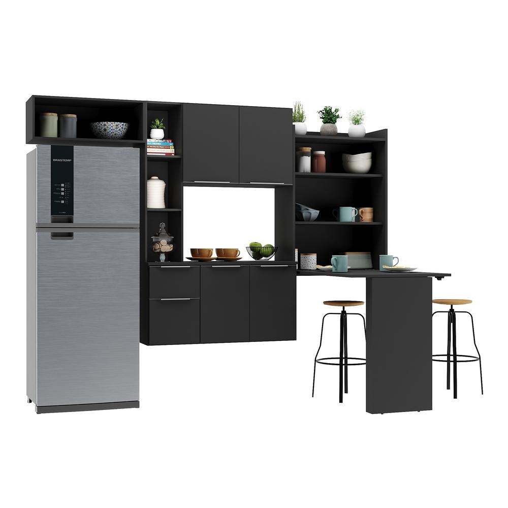 Armário de Cozinha Compacta com Mesa Dobrável Sofia Multimóveis V2010 Preto