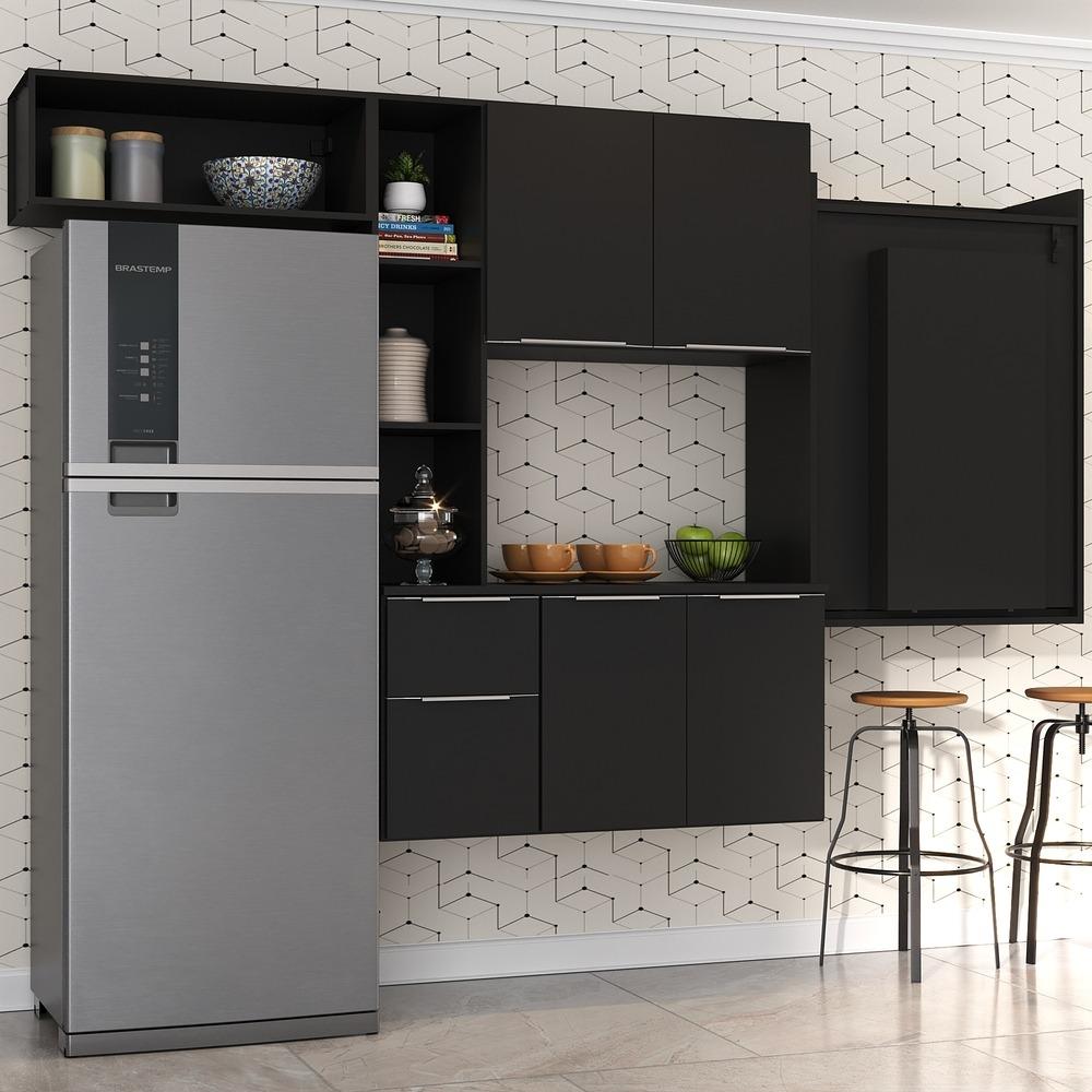 Armário de Cozinha Compacta com Mesa Dobrável Sofia Multimóveis V2010 Preto
