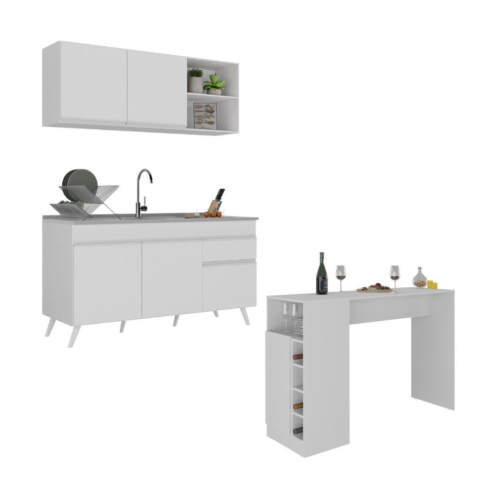 Armário de Cozinha Compacta com Mesa Gourmet Veneza Multimóveis MP2201 Branco