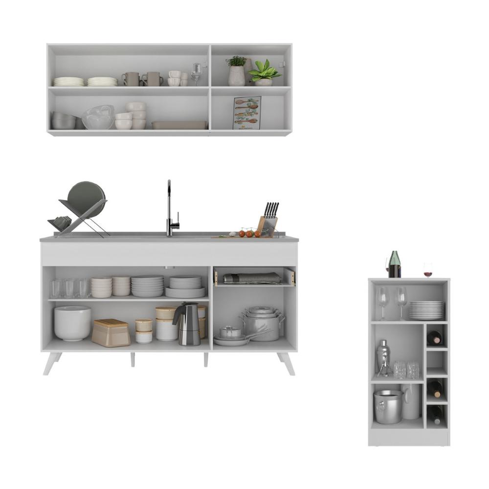 Armário de Cozinha Compacta com Mesa Gourmet Veneza Multimóveis MP2201 Branco