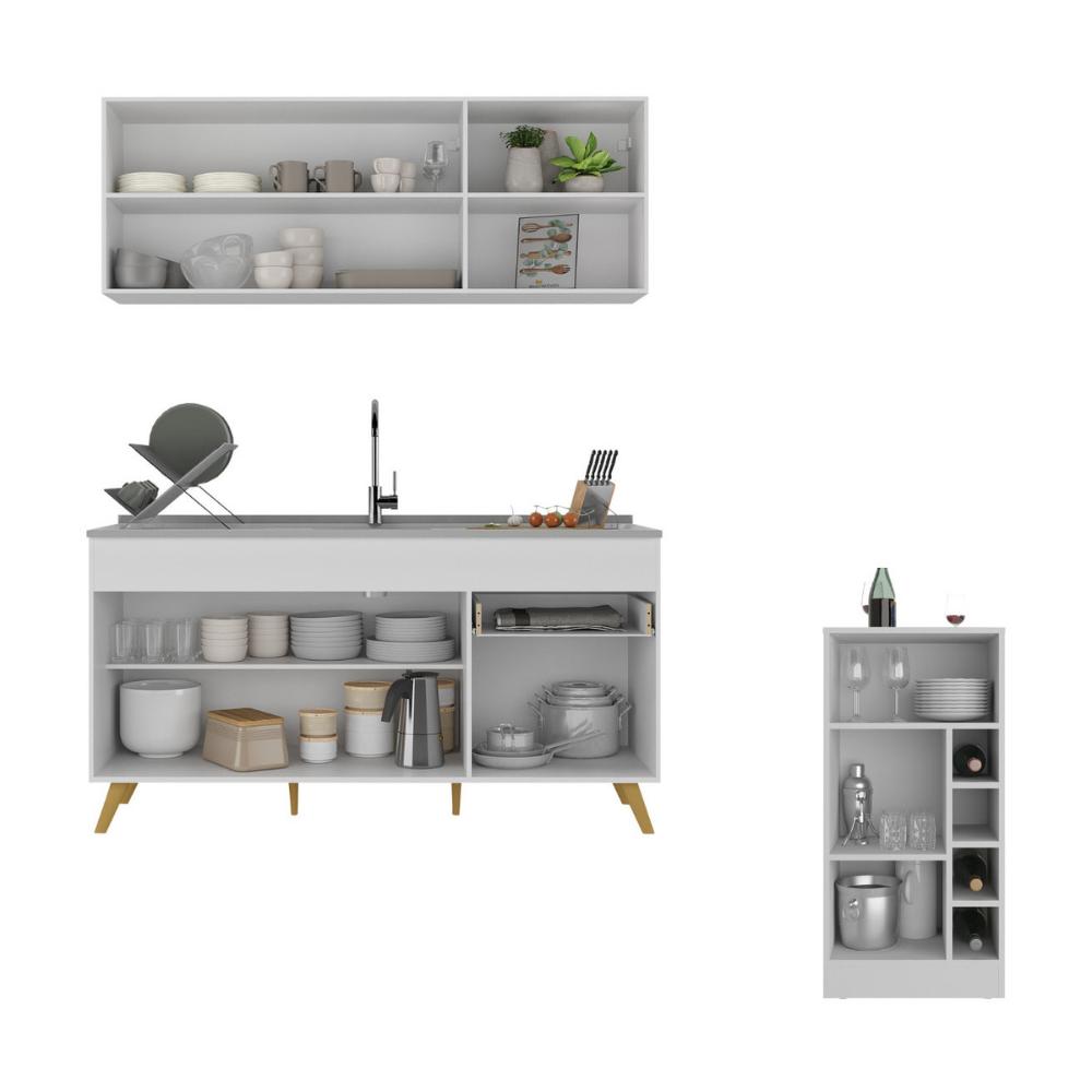 Armário de Cozinha Compacta com Mesa Gourmet Veneza Multimóveis MP2201 Branco/Dourado
