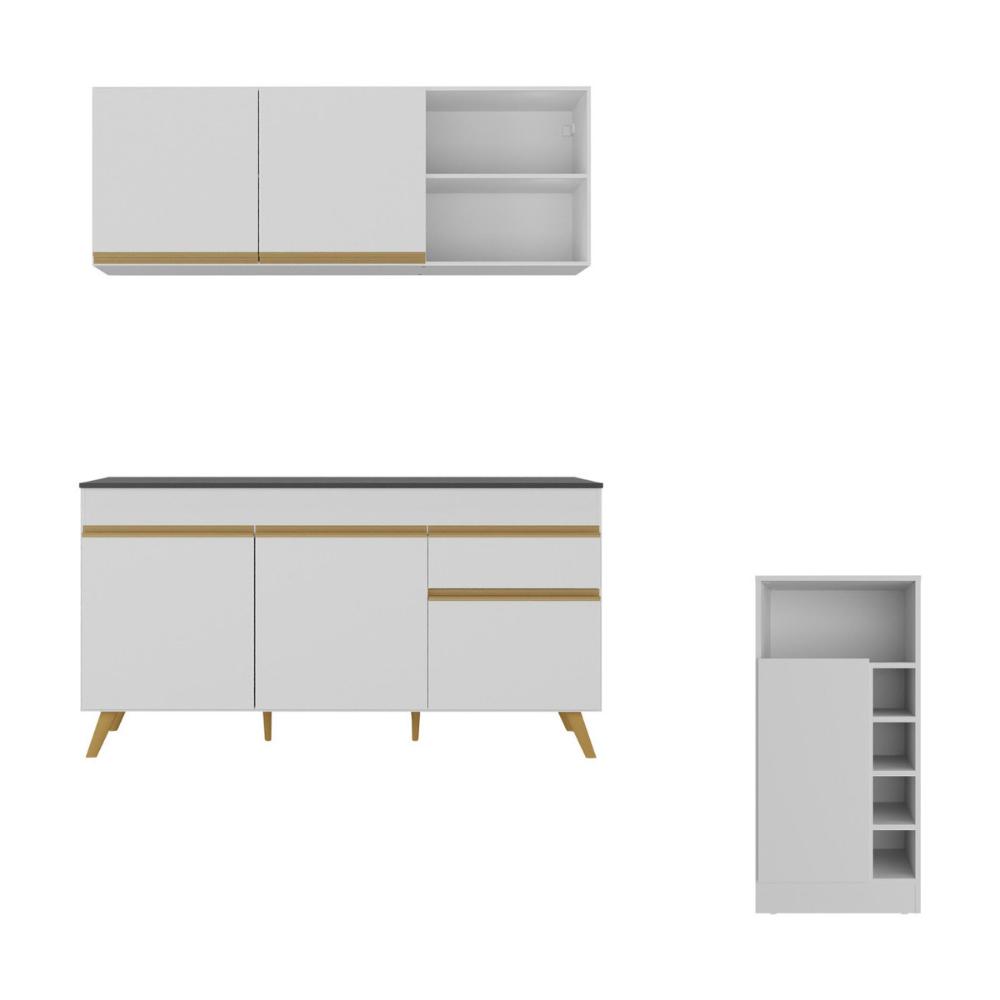 Armário de Cozinha Compacta com Mesa Gourmet Veneza Multimóveis MP2201 Branco/Dourado