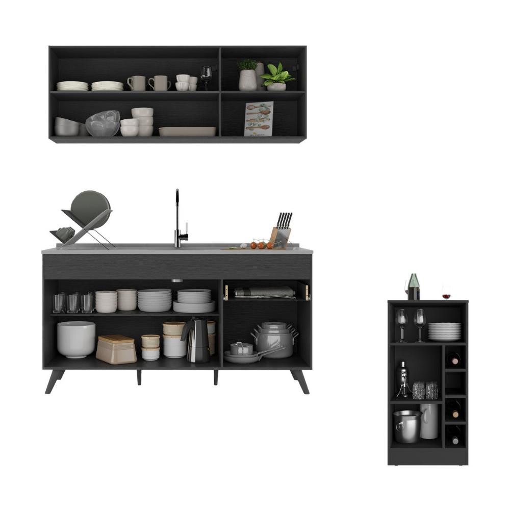 Armário de Cozinha Compacta com Mesa Gourmet Veneza Multimóveis MP2201 Preto
