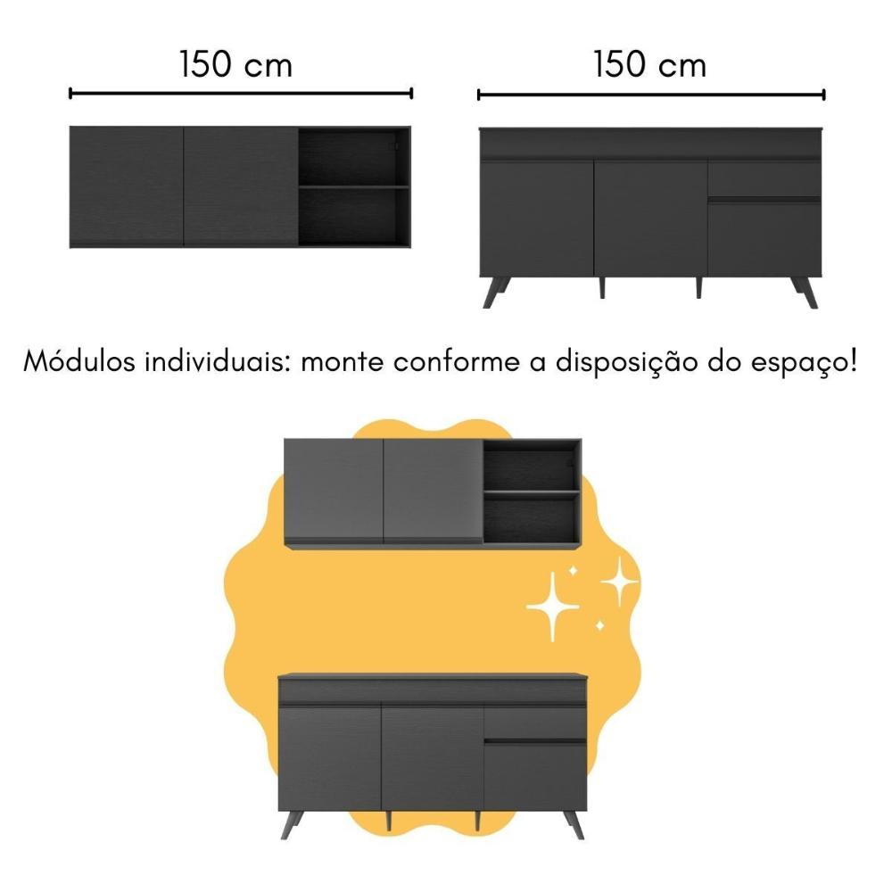Armário de Cozinha Compacta com Mesa Gourmet Veneza Multimóveis MP2201 Preto