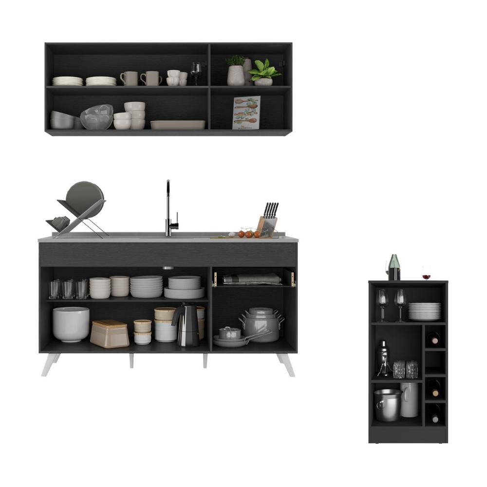 Armário de Cozinha Compacta com Mesa Gourmet Veneza Multimóveis MP2201 Preto/Branco