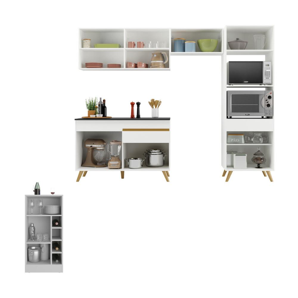 Armário de Cozinha Compacta com Mesa/Bancada Veneza Multimóveis MP2210 Branco/Dourado