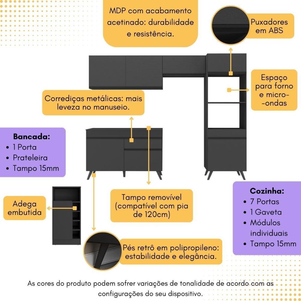 Armário de Cozinha Compacta com Mesa/Bancada Veneza Multimóveis MP2210 Preto