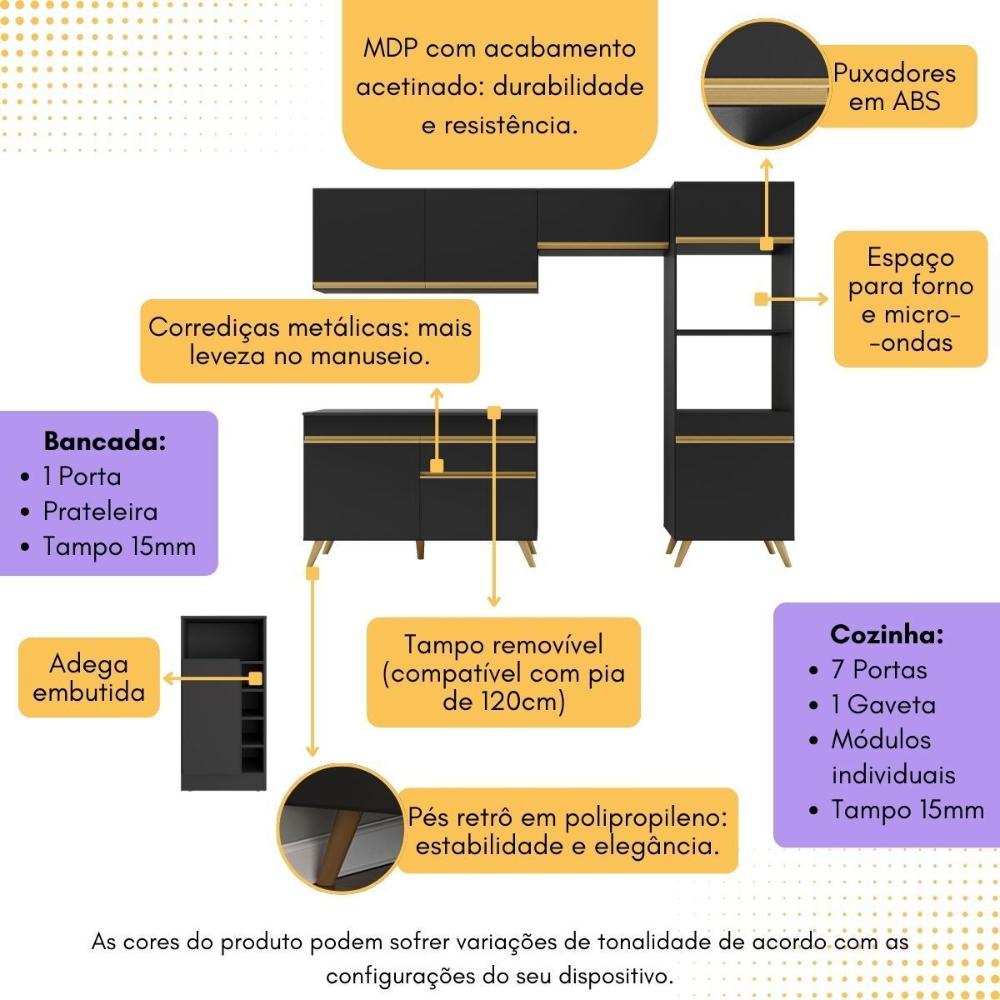 Armário de Cozinha Compacta com Mesa/Bancada Veneza Multimóveis MP2210 Preto/Dourado