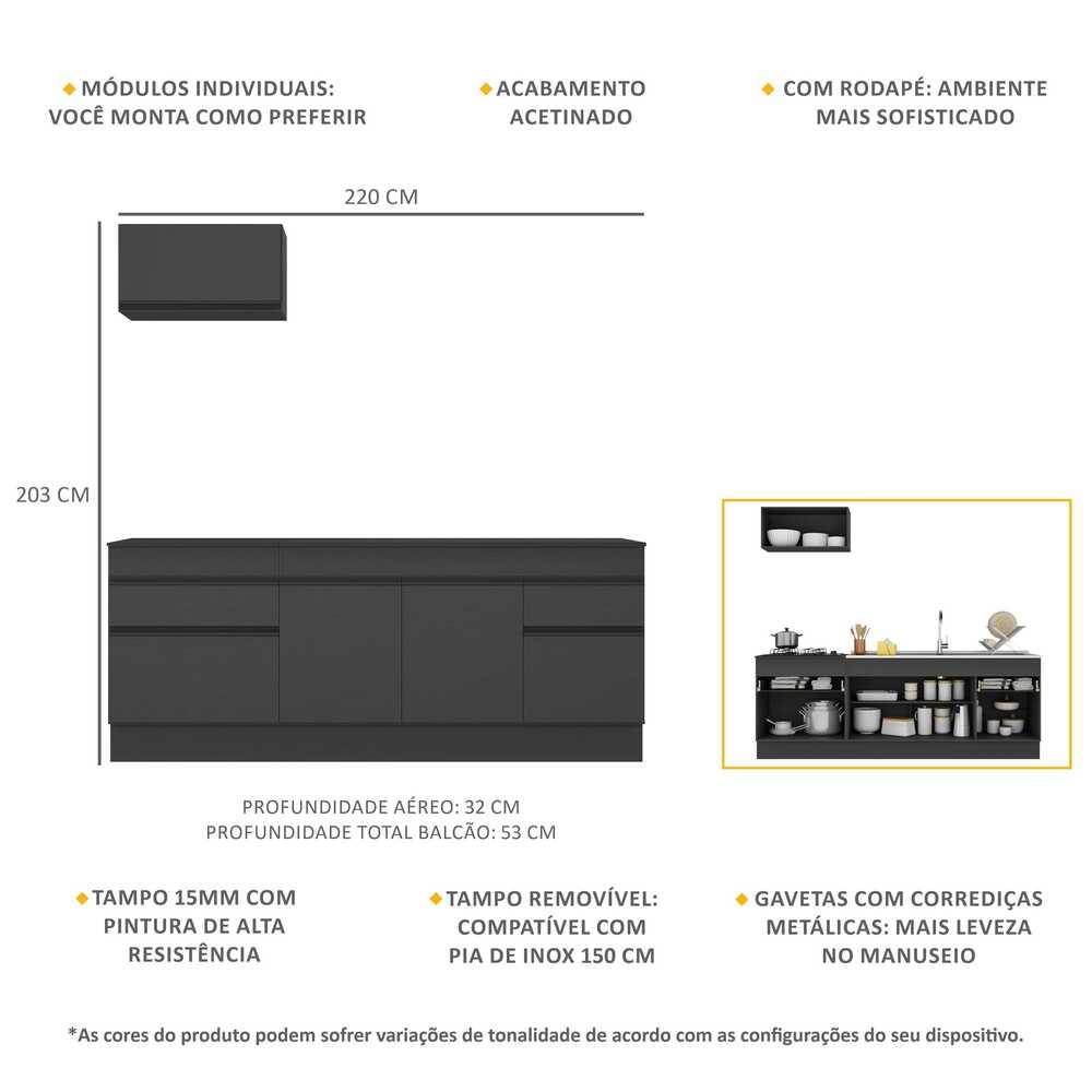 Armário de Cozinha Compacta com Rodapé Veneza Multimóveis MP2109.895 Preto