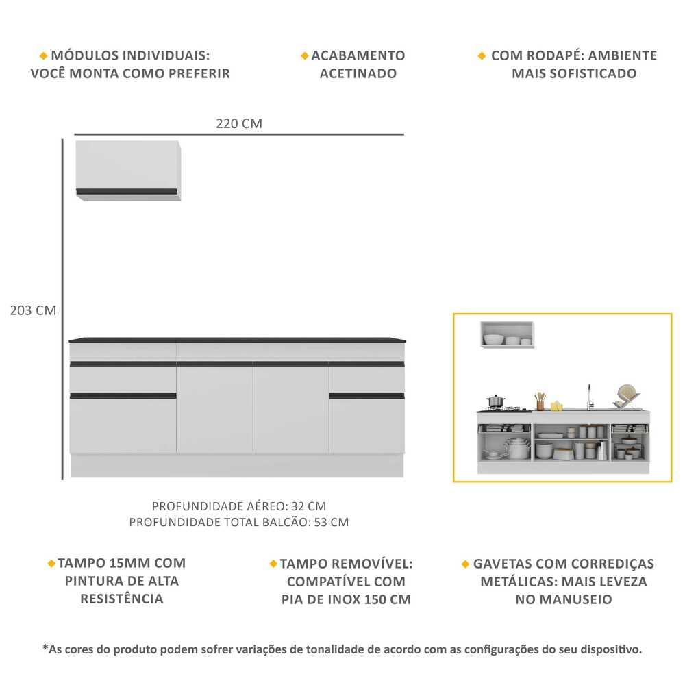 Armário de Cozinha Compacta com Rodapé Veneza Multimóveis MP2109.964 Branco/Preto
