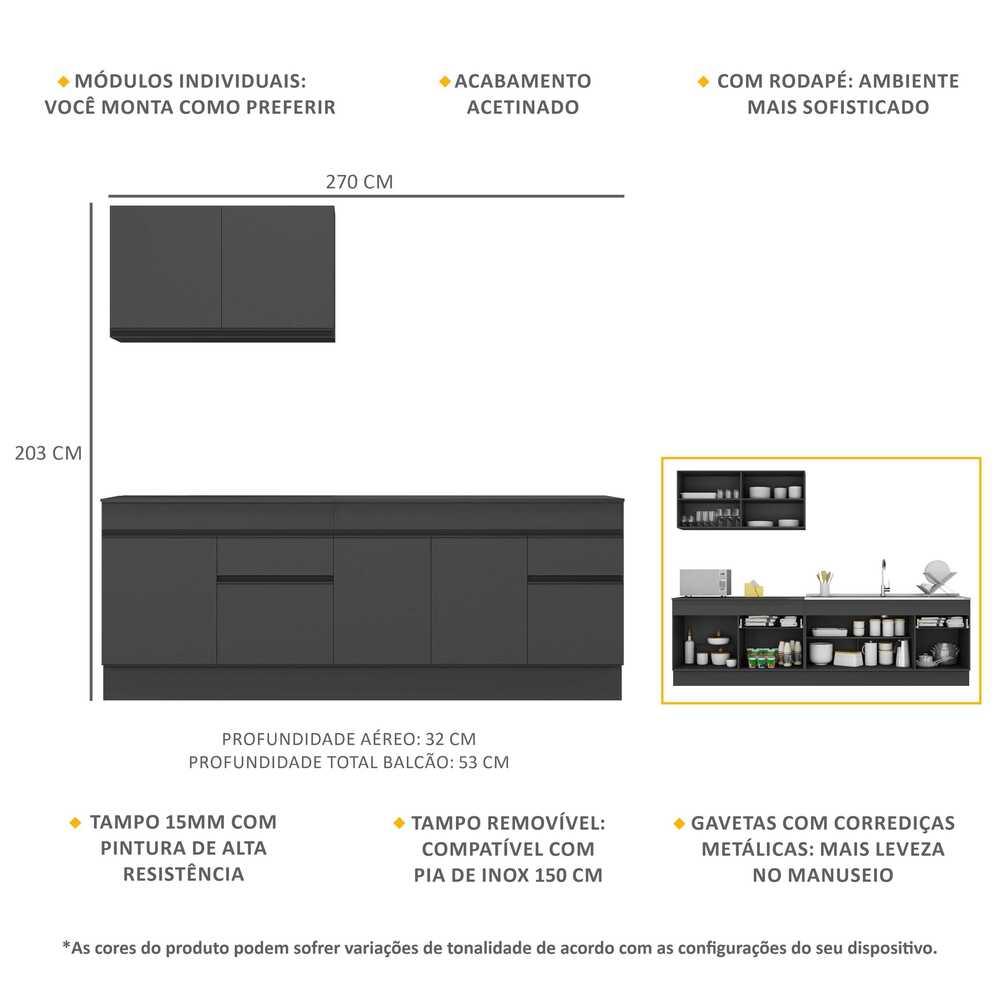 Armário de Cozinha Compacta com Rodapé Veneza Multimóveis MP2111.895 Preto