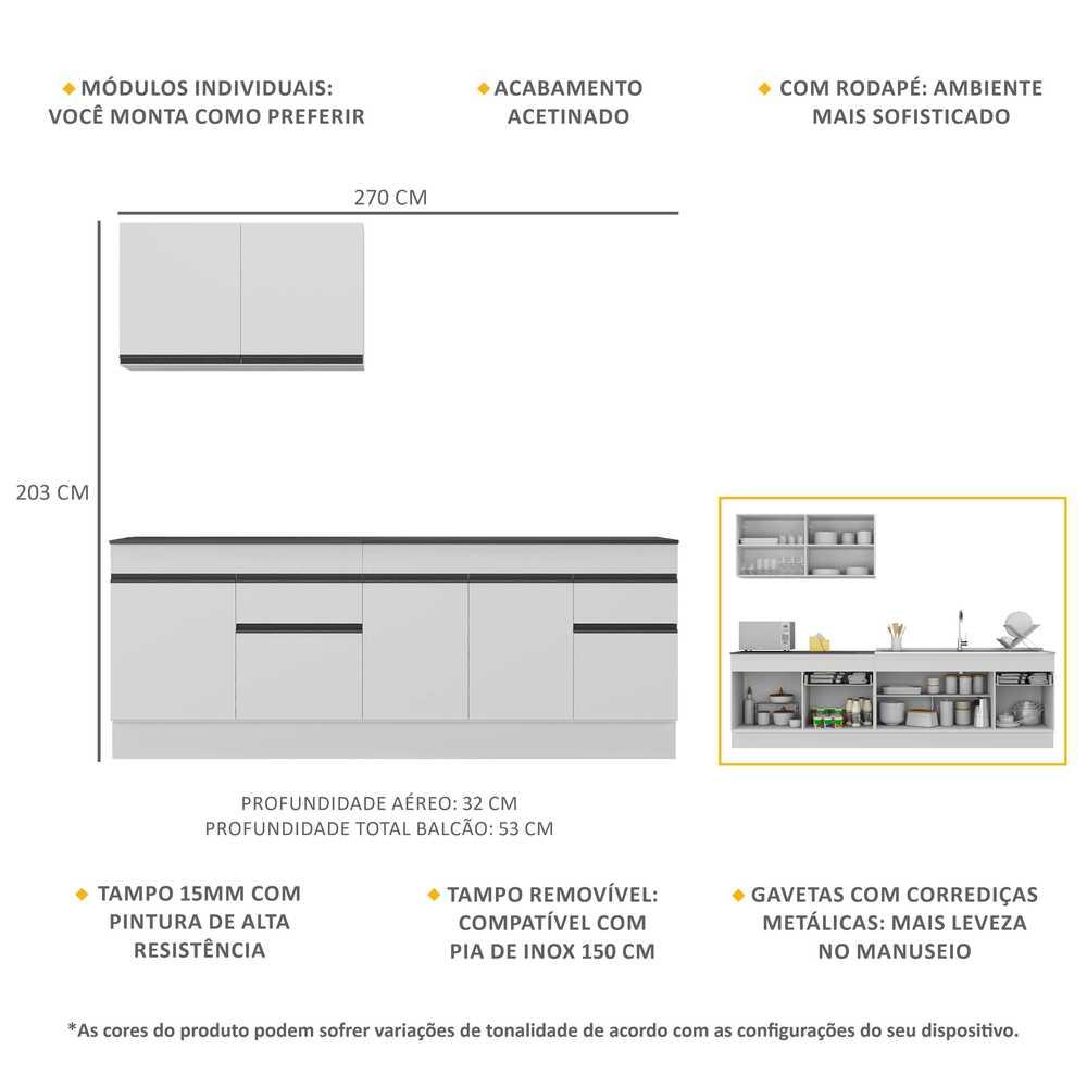 Armário de Cozinha Compacta com Rodapé Veneza Multimóveis MP2111.964 Branco/Preto