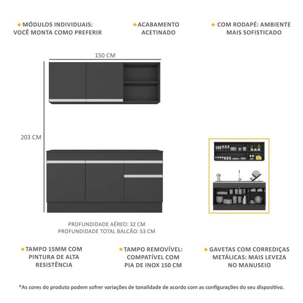 Armário de Cozinha Compacta com Rodapé Veneza Multimóveis MP2114.898 Preto/Branco