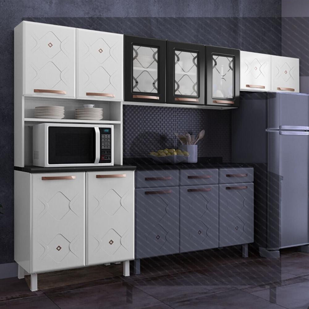 Armário de Cozinha Compacta de Aço 3 Peças para Micro-ondas com Vidros Multimóveis CR20350 Branco/Preto
