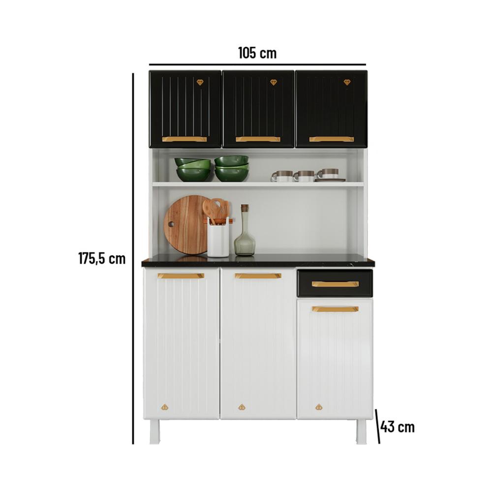 Armário de Cozinha Compacta de Aço com Balcão com Tampo 105cm Multimóveis CR20362 Branco/Preto