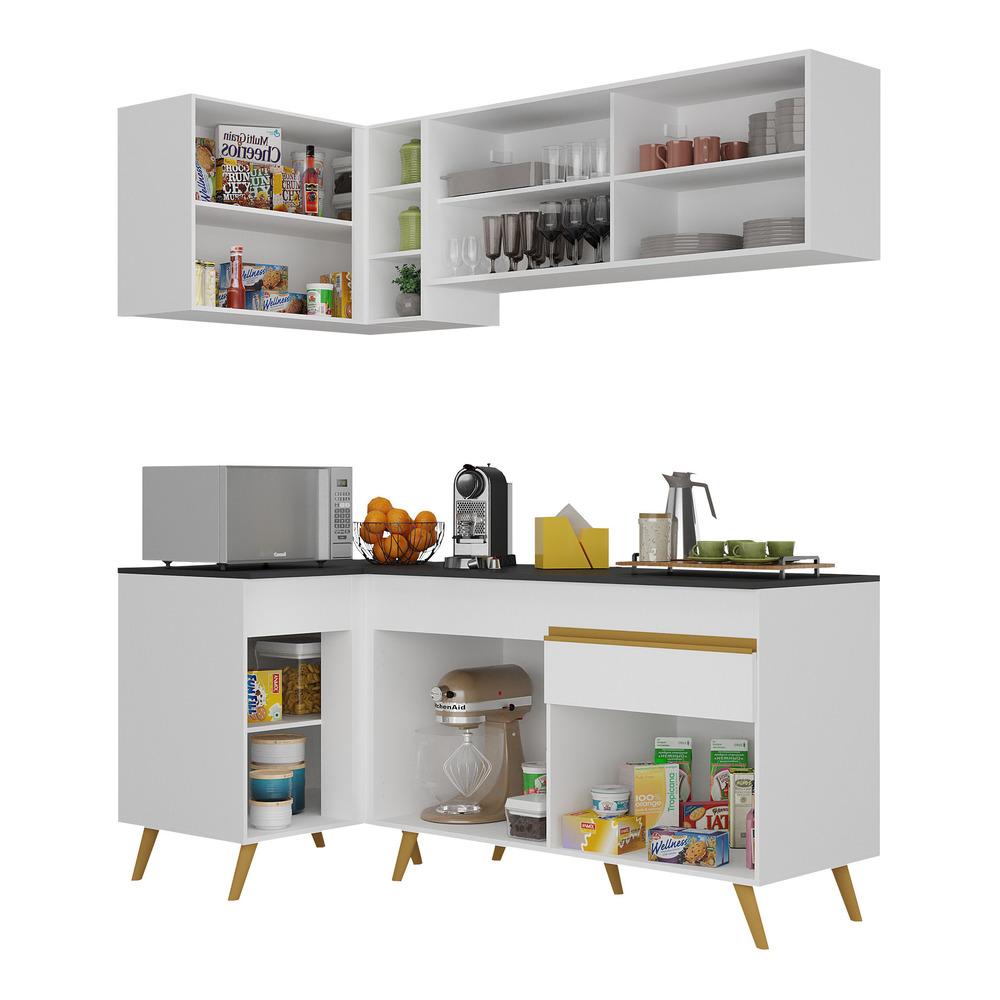 Armário de Cozinha Compacta de Canto Veneza Multimóveis V2056 Branco/Dourado