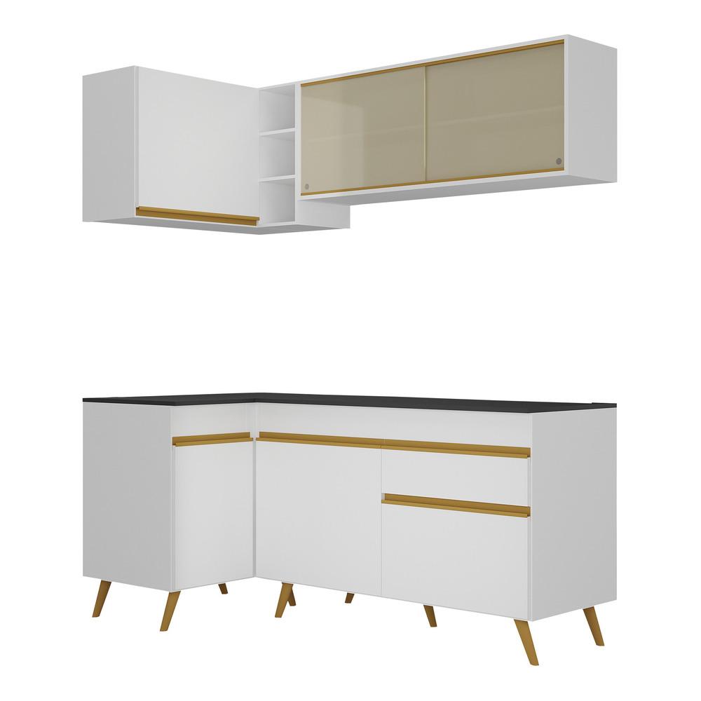 Armário de Cozinha Compacta de Canto Veneza Multimóveis V2056 Branco/Dourado