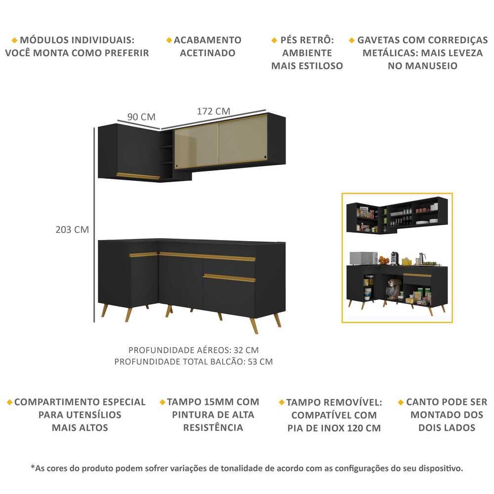 Armário de Cozinha Compacta de Canto Veneza Multimóveis V2056 Preto/Dourado