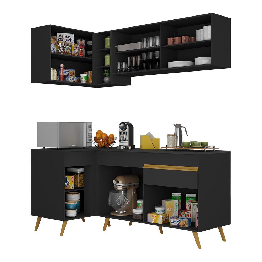 Armário de Cozinha Compacta de Canto Veneza Multimóveis V2056 Preto/Dourado