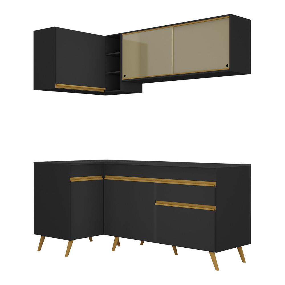 Armário de Cozinha Compacta de Canto Veneza Multimóveis V2056 Preto/Dourado