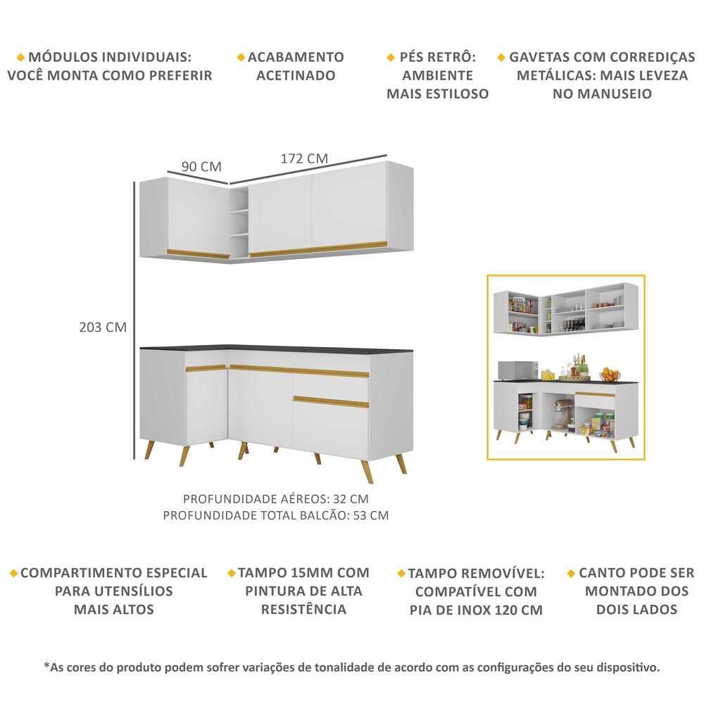 Armário de Cozinha Compacta de Canto Veneza Multimóveis V2057 Branco/Dourado