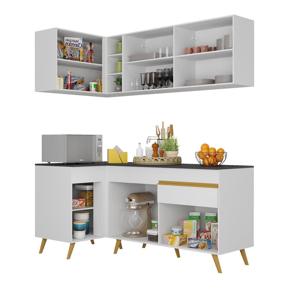 Armário de Cozinha Compacta de Canto Veneza Multimóveis V2057 Branco/Dourado