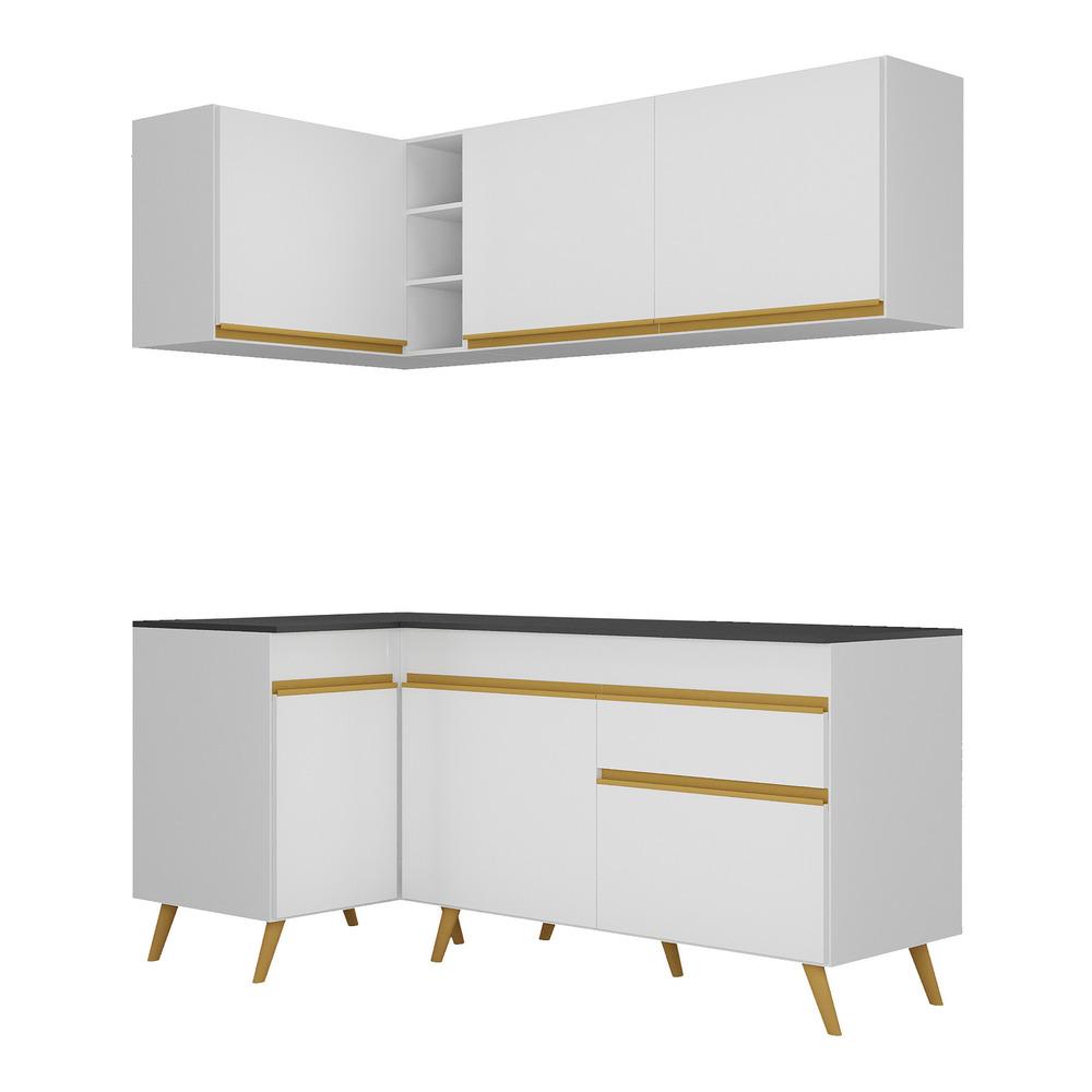 Armário de Cozinha Compacta de Canto Veneza Multimóveis V2057 Branco/Dourado